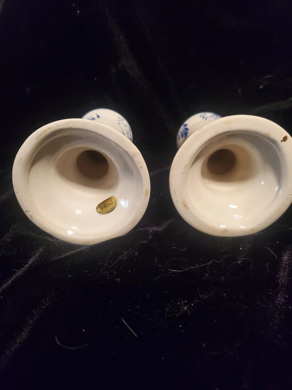 Blue and White Ceramic Candlestick Holders with Windmill Motif